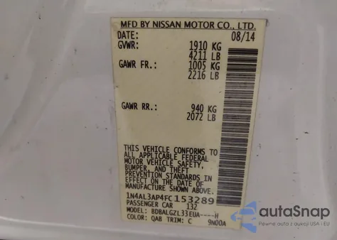 2015 Nissan Altima 2.5 S z USA, uszkodzony, nr VIN 1N4AL3AP4FC153289